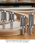 Badass Four Piece Router Bit Set With Alternating Shear Geometry For No Sweat Pattern And Flush Trim Cutting heavy duty carbide bits in various sizes on wood surface.