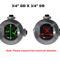 Front view of 3/4 in DD to 3/4 in DD universal joint shaft coupler with measurement guide and warning, chrome finish.