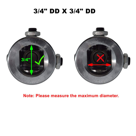 Front view of 3/4 in DD to 3/4 in DD universal joint shaft coupler with measurement guide and warning, chrome finish.