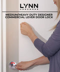 Person using Heavy Duty Designer Commercial Lever Door Lock With Bathroom Privacy Indicator Vacant Occupied Sign Restroom Door Handle Satin Chrome