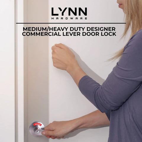 Person using Heavy Duty Designer Commercial Lever Door Lock With Bathroom Privacy Indicator Vacant Occupied Sign Restroom Door Handle Satin Chrome