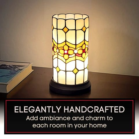 Floral Tiffany Style Mosaic Shade Accent Table Lamp With Inline Switch 11 Inch Bedside Light on wooden side table