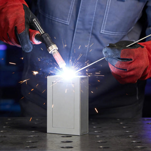 Person welding on a metal coupon from the 48 Piece Welding Practice Kit With Magnets For Beginners For MIG TIG ARC Gas And Brazing Training