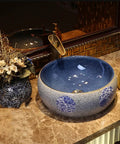 USZWBY Vessel Sinks Bathroom Vessel Sink Vanity Round Ceramic Washbasin Vintage Art Countertop Basin with Faucet Bathroom Bowl Sink on marble countertop.