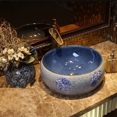USZWBY Vessel Sinks Bathroom Vessel Sink Vanity Round Ceramic Washbasin Vintage Art Countertop Basin with Faucet Bathroom Bowl Sink on marble countertop.