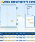 Diagram showing dimensions of rugged outdoor ABS junction box IP67 weatherproof enclosure with hinged cover, wall brackets.