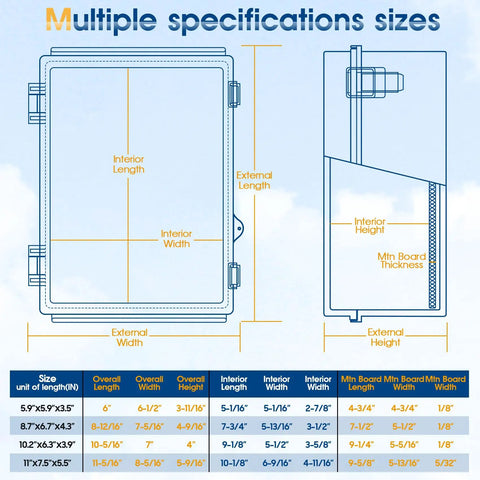 Diagram showing dimensions of rugged outdoor ABS junction box IP67 weatherproof enclosure with hinged cover, wall brackets.