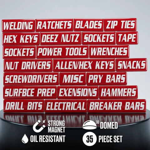 35 Pack Magnetic Toolbox Labels Set For Tool Chests And Drawers, 3mm Thick DuraGloss Epoxy Tags, Oil Resistant Red Mechanic Labels