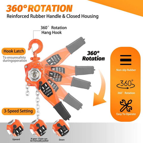 Lever Chain Hoist 1 Ton 3M Chain Length Manual Ratchet Puller Hoist features 360° rotation and reinforced rubber handle