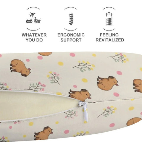 Women's Neck Pillow For Daily Use And Travel Comfort, Portable Memory Foam U Shaped Support, Cozy Floral Capybaras Design.