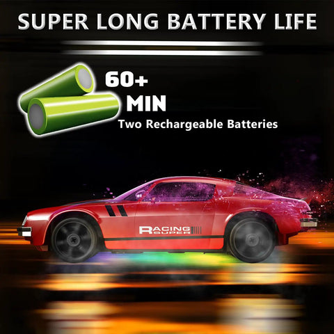 1:24 RC Drift Car 4WD with 2.4GHz radio, rechargeable batteries, shown in red with LED lights and pro drift tires.