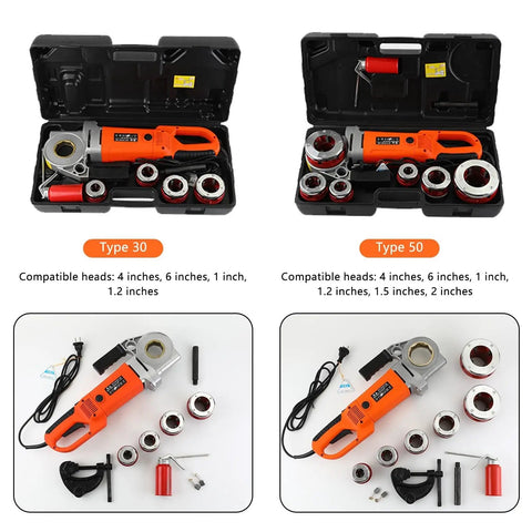Heavy-Duty Electric Pipe Threader For One Half To 2 Inch Conduit With Integrated Hinge Wrench and Tapping Pack in case.