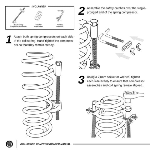Illustration showing how to use coil spring compressor with T6 Billet Aluminum Coil Spring Lift Spacers.