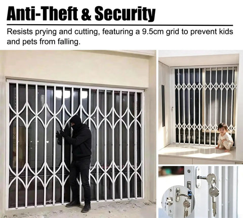 Heavy Duty White Retractable Security Grille For Sliding Burglar Windows And Storage Sheds Featuring Smooth Operator Design Rust Resistant Steel Barrier With Rock Solid Lock Setup shown on a window with a child nearby.