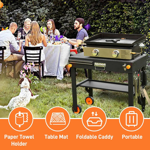 Portable Griddle Table Cart For 17 Inch And 22 Inch Griddles Foldable Outdoor Stand with caddy wheels and safety locks.
