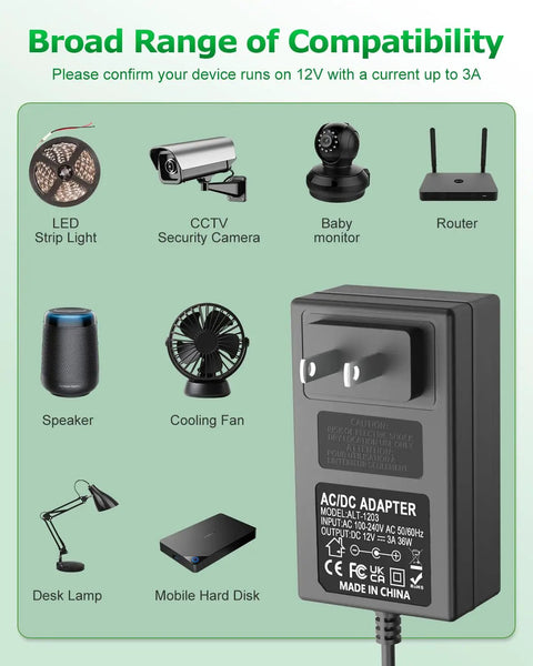 Graphic showing 12V 3A DC Power Supply Adapter 36W Dope Power For LED Strips 3D Printers CCTV Cameras And More 100 To 240V AC To 12V DC compatibility