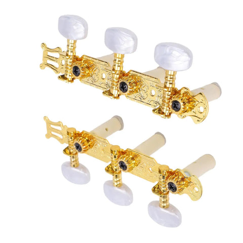 Classical Guitar Tuning Pegs Set With 1:15 Gear Ratio White Button Machine Heads For Acoustic Guitars, Heavy Duty Metal Tuning Keys, Left And Right Replacement Parts, Smooth, Durable Tuning You Can Trust. 2-pack gold classical guitar tuners with white pearl buttons