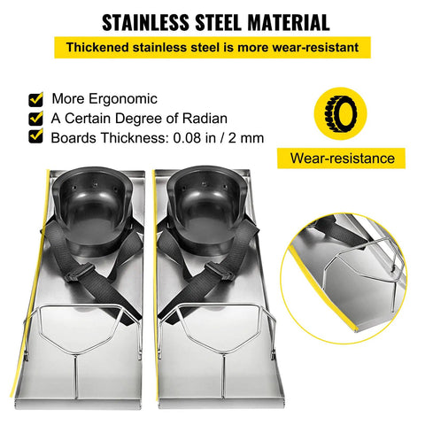 Concrete Knee Board Sliders 28 X 8 Inch Pair With Stainless Steel Kneeboards placed on display, showcasing ergonomic design and straps.