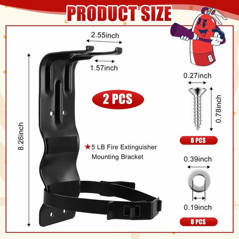 Four Pack Fire Extinguisher Mount Brackets Five Pound Metal Mounting Kit For Vehicles And Home shown with screws and dimensions.