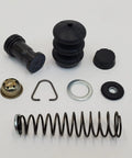 Rear Wagner Style Brake Master Cylinder Rebuild Kit Three Quarter Inch Bore No Fuss For 1958 Through Early 1979 FL FLH And 1971 Through Early 1979 FX With Spring Piston Rubber Boot Caps Washers And Retention Clip components displayed on white background