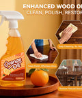 Top Shelf 2 In 1 Wood Cleaner And Furniture Polish Featuring Pure Orange Oil Spray 16 oz bottle with microfiber cloth on wooden tabletop.