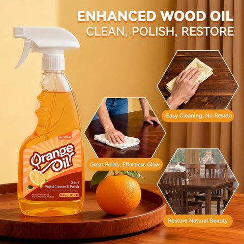 Top Shelf 2 In 1 Wood Cleaner And Furniture Polish Featuring Pure Orange Oil Spray 16 oz bottle with microfiber cloth on wooden tabletop.