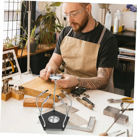 Man using LED Magnifying Lamp With Soldering Third Hand Tool Flexible Arms And Magnetic Helping Hands Sturdy Iron Holder