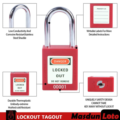 Heavy Duty Lockout Tagout Sets Six Red Safety Padlocks Keyed Different Two Keys Each OSHA Compliant Non Conductive Body Stainless Shackle Built Like A Tank For Real Deal Shop Floors