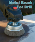 WENORA wire brush for drill with 1/4 in hex shank; coarse carbon steel cup wheel for rust removal.