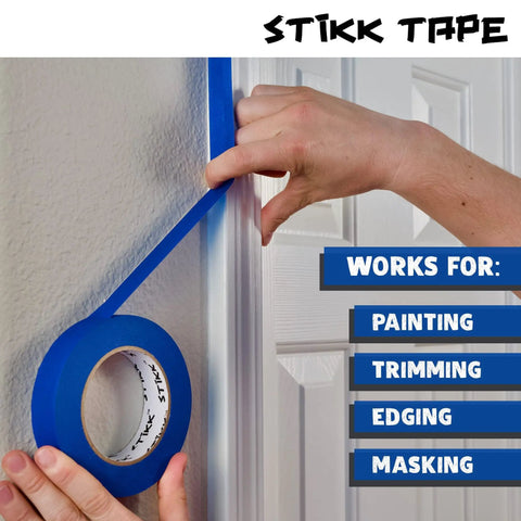 Applying blue painter tape 1 inch by 60 yards 3 pack for sharp edges and trim, residue free masking tape for DIY paint projects.