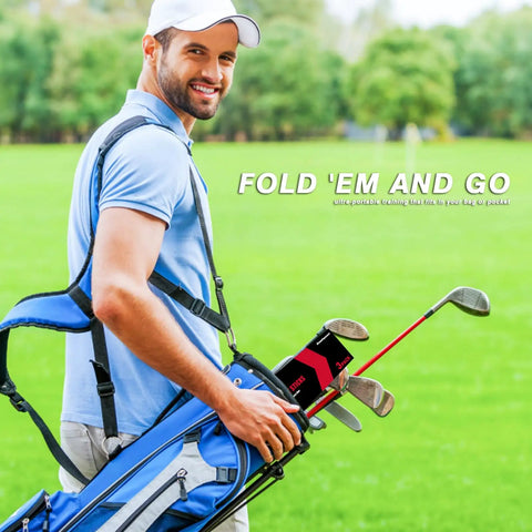 Man carrying golf bag with Collapsible Golf Alignment Sticks 40 Inch 3 Pack Pro Grade Swing Training Rods in a green field