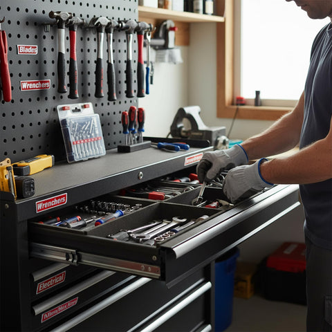 Ultra Strong Magnetic Tool Box Labels Set, 12 Pack For Tool Chests And Metal Tool Boxes, installed on drawers