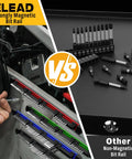 Comparison of 4 Piece Magnetic Slidable Drill Bit Holder with non-magnetic rails showing bit organization and ease of access.
