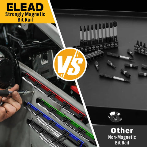Comparison of 4 Piece Magnetic Slidable Drill Bit Holder with non-magnetic rails showing bit organization and ease of access.