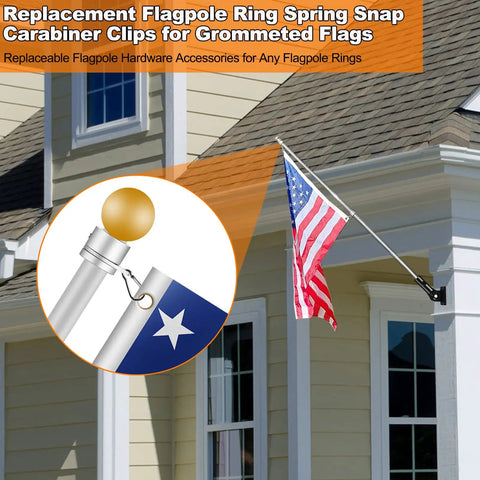 Rock Solid Heavy Duty Aluminum Carabiner Clip Set For Flagpole Swivel Ring Replacement Spring Snap Hooks To Secure Grommeted Flags Fast On Any Standard Pole Hardware In Polished Silver on a house.
