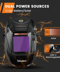 Auto Darkening Welding Helmet With Large 3.94 By 3.82 Inch Viewing Screen, Rechargeable Welding Mask showing dual power sources