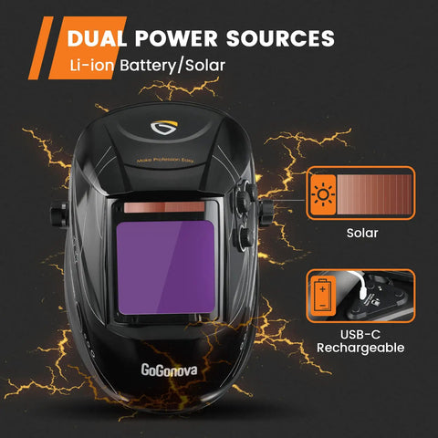 Auto Darkening Welding Helmet With Large 3.94 By 3.82 Inch Viewing Screen, Rechargeable Welding Mask showing dual power sources