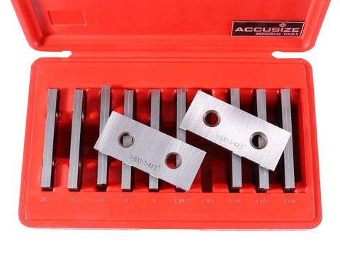 Pro Grade One Eighth Inch Thick Precision Parallel Sets, Ten Pairs, Three Inch Length in a red case, alloy steel with holes