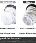 Comparison of thermal coffee carafe lids, standard PP material versus Tiken food grade 18/8 stainless steel with double silicone loops.