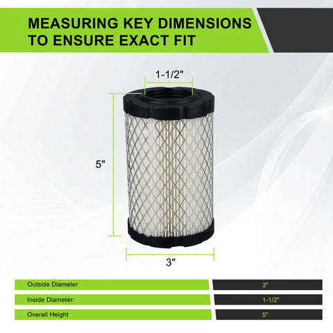 Air Filter MIU14395 For John Deere D100 D105 D125 D130 D140 D110 E100 E120 E130 E140 LA135 LA145 Z235 Z255 X330 showing dimensions