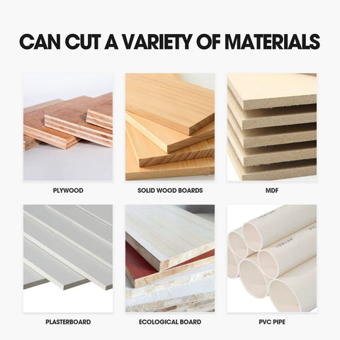 Image showing various materials like plywood, solid wood boards, MDF, plasterboard, ecological board, and PVC pipe that the Table Saw For Woodworkers With Adjustable Vertical Blade Rugged Copper Motor And Rock Solid Aluminum Build Engineered For Sweet Cuts And Badass Shop Tweaks On Any Real Deal Bench Setup can cut.