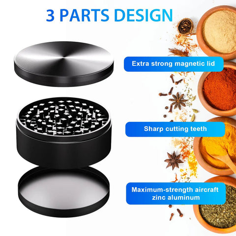 3 Inch Manual Spice Grinder For Kitchen With 3 Piece Design No Mesh Screen Durable Zinc Alloy Construction Sharp Teeth For Consistent Grinding Grinds Like A Boss Compact Easy To Clean Black showing three parts with spices.