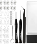 No Sweat Eyeglass Repair Kit With 18 Pairs Flexible Nose Pads, Precision Drivers, and tweezers in a travel case.