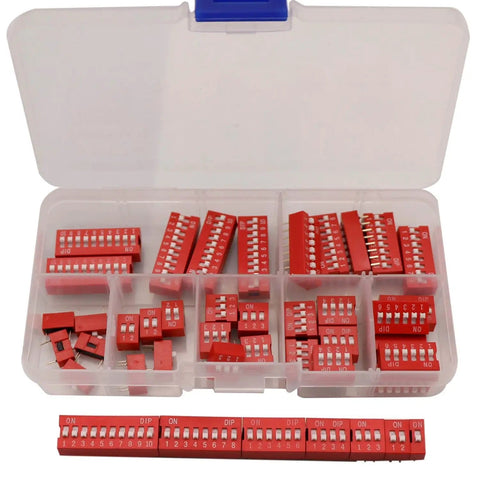 35 Piece DIP Switch Assortment Kit With 1 2 3 4 6 8 10 Position Options 2.54mm Pitch Slide Toggle On Off Switches in storage box