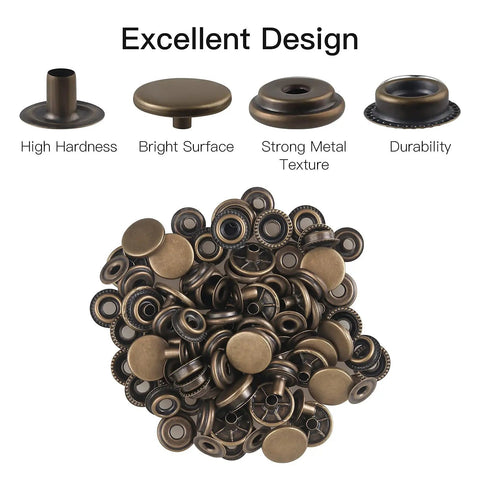 Leather Snap Fastener Kit Five Eighths Inch Bronze Tone Stainless Snaps, features durability and strong metal texture.