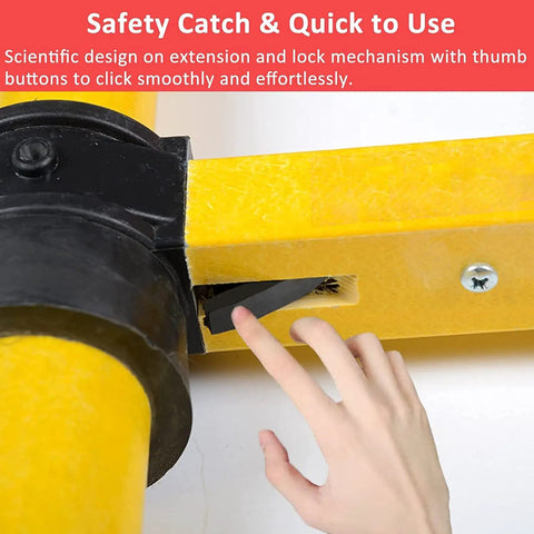 Close-up of Beefed Up Non Conductive Fiberglass Telescoping Ladder For Electrical Work showing safety catch and lock mechanism.