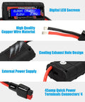 150 Amp Watt Meter Power Analyzer With Sweet Digital LCD Screen For RC Projects, Real Time Readouts Of Amps Volts Watts And Ah, Eight Electrical Readings, High Precision Energy Monitoring Gear, black unit with copper wire and 45A terminals