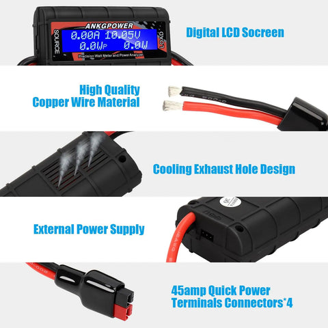 150 Amp Watt Meter Power Analyzer With Sweet Digital LCD Screen For RC Projects, Real Time Readouts Of Amps Volts Watts And Ah, Eight Electrical Readings, High Precision Energy Monitoring Gear, black unit with copper wire and 45A terminals