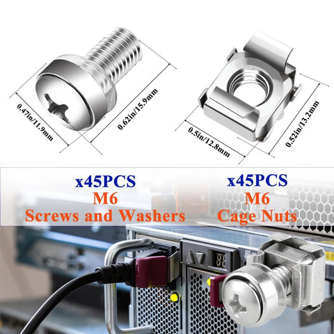 Heavy Duty M6 X 16Mm Rack Mount Screws And Cage Nuts, 45 Piece Solid Hardware Kit For Server Cabinets And Router Shelves, Square Hole Fasteners, No Sweat Rack Install, Silver with dimensions displayed.