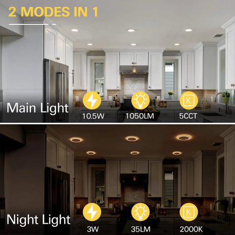 12 Pack 4 Inch 5CCT LED Recessed Ceiling Lights With Night Light CRI90 in kitchen, displaying main and night light modes